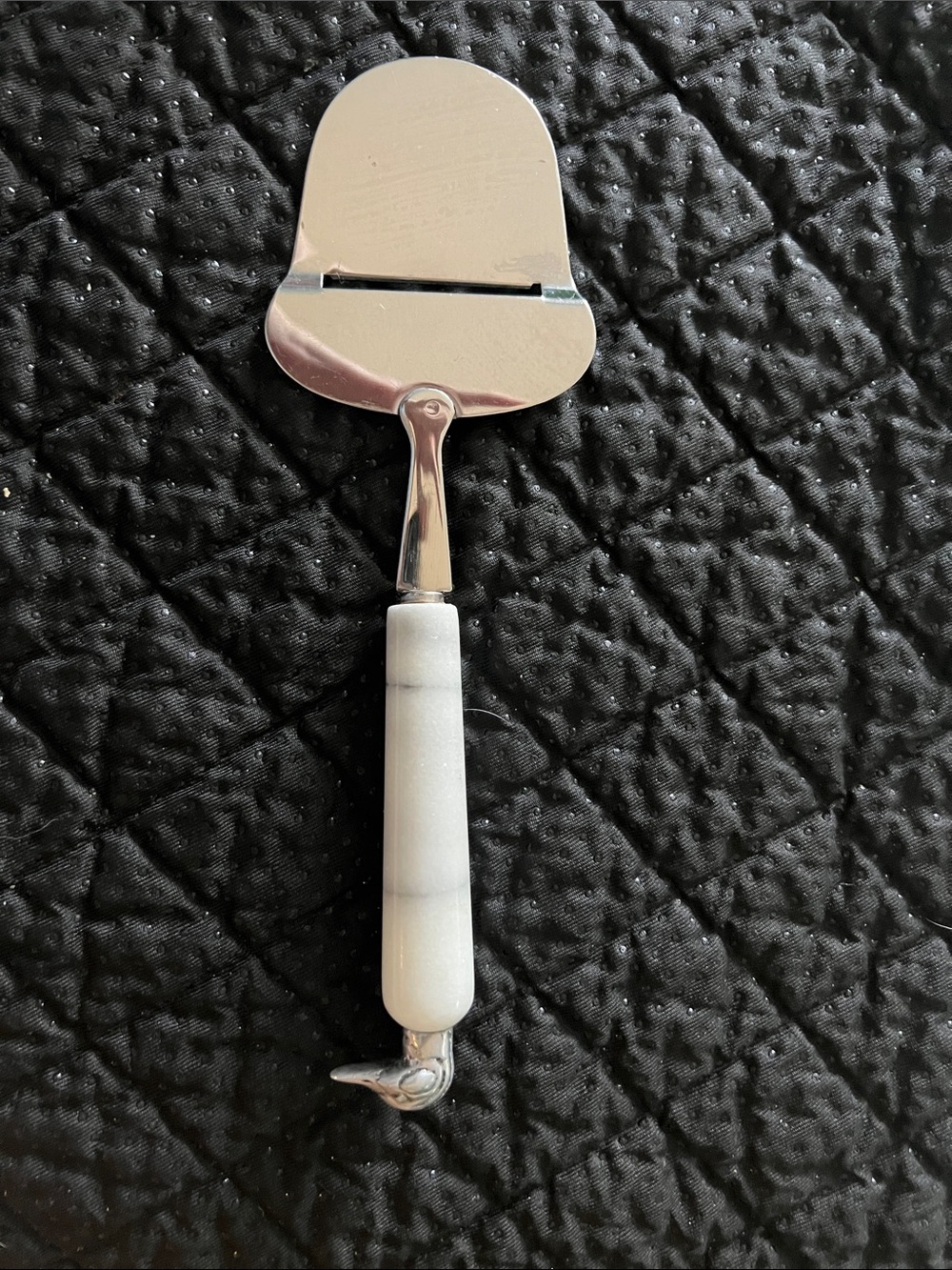 Vintage Stainless Steel Cheese Slicer with Duck Motif & White Marble Handle
